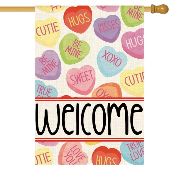 Valentines Day House Flag 28x40 Inch Double Sided Outside, Candy Love Hearts Welcome Anniversary Yard Outdoor Flag