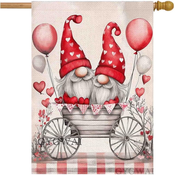 Valentines Day House Flag 28x40 Inch Double Sided for Outside, Love Gnomes Valentine’s Day Garden Flag Yard Flag for Outdoor Decoration