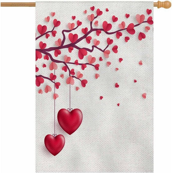 Valentines Day House Flags 28 x 40 Double Sided Burlap Tree With Paper Leaves and Hanging Hearts Happy Saint Yard Flags Spring Summer Farmhouse Seasonal Outdoor Flag
