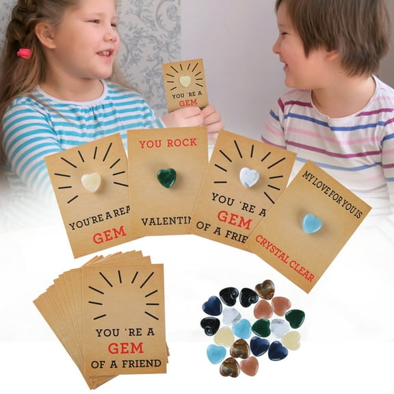Valentines Day Hug Cards Set - 24 Pack Valentines Hug Cards Set with Heart-Shape Gems - Valentine Crystals Rock Gift Exchange for Boys Girls Class Classroom School Party Favor(A001)