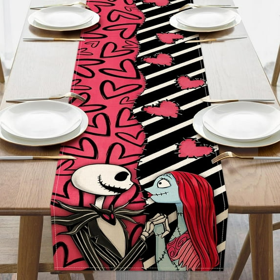 Valentines Day Jack Table Runner, Sally Love Hearts Stripes Kitchen Dining Table Decoration, Anniversary Wedding Burlap Indoor Outdoor Home Decor Party Supply 13 x 36 Inches