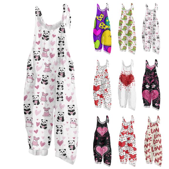 Valentines Day Jumpsuits Heart Print Wide Leg Rompers for Women Oversized Adjustable Straps Sleeveless with Pockets Dark Green S