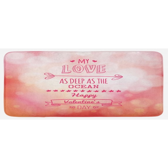 Valentines Day Kitchen Mat, Color My Love Deep as the Ocean Romantic Her Star Hearts Arrow, Plush Decorative Kitchen Mat with Non Slip Backing, 47" X 19", Pink Coral, by Ambesonne