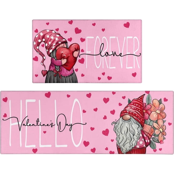Valentines Day Kitchen Mat Set 2 Piece,Valentine''s Day Hello Valentine Love Forever Gnome Decorative Kitchen Rugs,Valentines Hearts Low-Profile Mats for Home Kitchen Decor 17"x48"+17"x30"