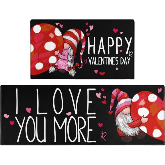 Valentines Day Kitchen Mat Set 2 Piece,Valentines Day Gnomes Buffalo Plaid XOXO Decorative Kitchen Rugs,Valentines Hearts Low-Profile Kitchen Mats for Home Kitchen (17"x48"+17"x30" Black)