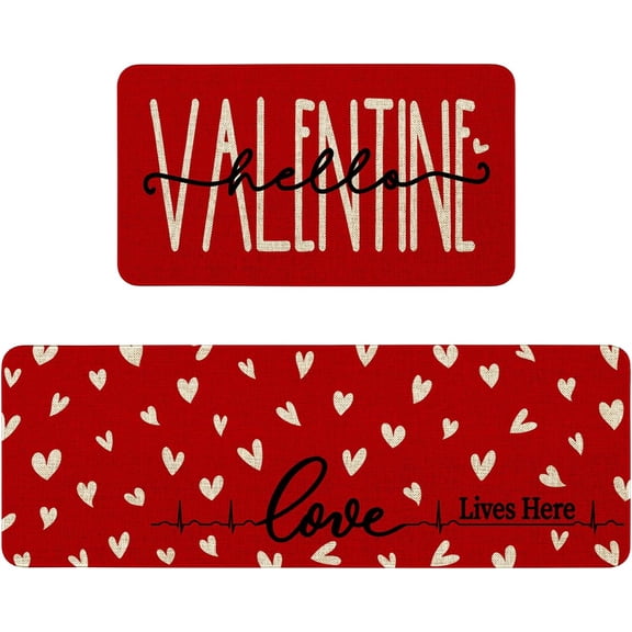 Valentines Day Kitchen Mats Home Decorations, Red Valentine Kitchen Rugs Decor Set of 2, Love Heart Hello Valentine Rug Door Mat