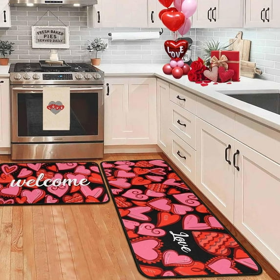 Valentines Day Kitchen Rugs Set of 2,Love Heart Welcome Decorative Non-Slip Rugs Holiday Wedding Party Profile Floor Mat for Home Kitchen 17"x47"+17"x30"