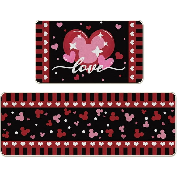 Valentines Day Kitchen Rugs Set of 2, Pink Red Love Hearts Kitchen Mats Decor, Anniversary Wedding Floor Door Mat Home Decorations - 17x29 and 17x47 Inch