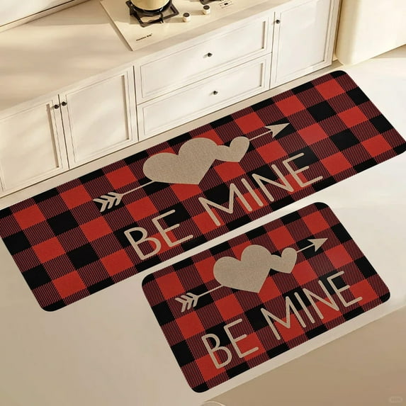 Valentines Day Kitchen Rugs Set of 2 Red Buffalo Plaid Love Hearts Valentines Kitchen Mats for Floor Gnome Roses Kitchen Rugs and Mats Non Skid Washable Decorative Kitchen Decor