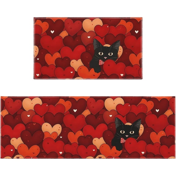 Valentines Day Kitchen Rugs Sets of 2 Non Slip Red Hearts Black Cat Kitchen Mats for Floor with Rubber Backing Washable Valentine''s Day Kitchen Runner Rug Carpet 17"x47"+17"x30" for Hallway Laundry