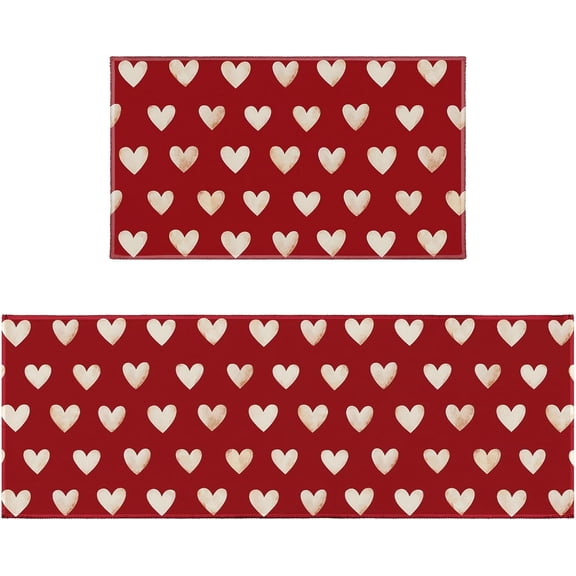 Valentines Day Kitchen Rugs Sets of 2 Non Slip Red White Love Heart Kitchen Mats for Floor with Rubber Backing Washable Valentine''s Day Kitchen Runner Rug Carpet 17"x47"+17"x30" for Hallway Laundry