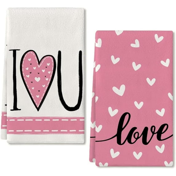 Valentines Day Kitchen Towels Set of 2,Pink Heart I Love U Sign Dish Towels 18x26 Inch Drying Dishcloth,Farmhouse Home Wedding Decoration AD150