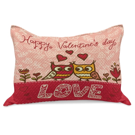 Valentines Day Knitted Quilt Pillowcover, Owls in Love Print Partners Couples Boho Style Hearts Flowers Dots, Standard King Size Pillow Cover for Bedroom, 30" x 20", Pink Red Yellow, by Ambesonne