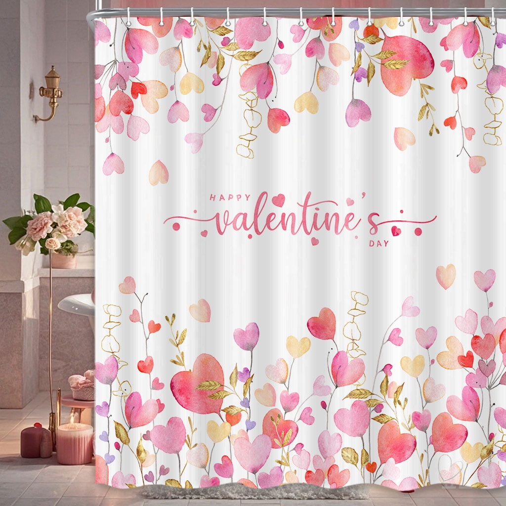Valentine's Day Gnomes Shower Curtain - Heart & Romantic Design, 70x70 Inches Fabric Set With Hooks - View #3