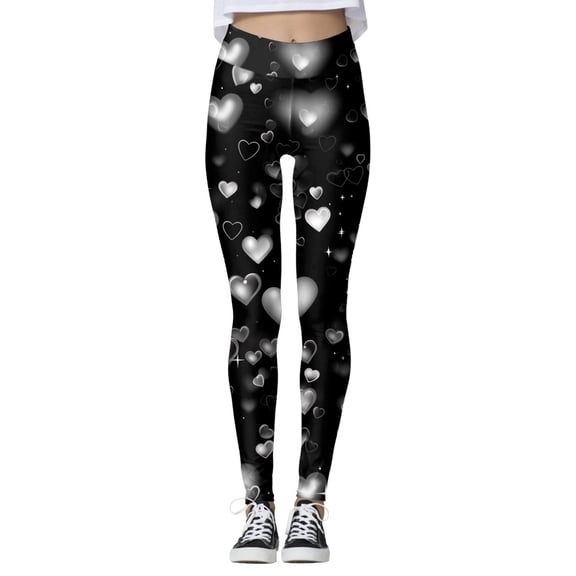Valentines Day Leggings for Women High Waist Couple Festive Print Yoga Pants Full Length Skinny Tummy Control Stretchy Sports Compression Leggings Black L