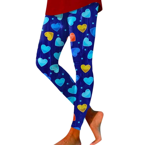 Valentines Day Leggings for Women Heart High Waisted Stretch Cute Yoga Pants Workout Gym Running Blue M