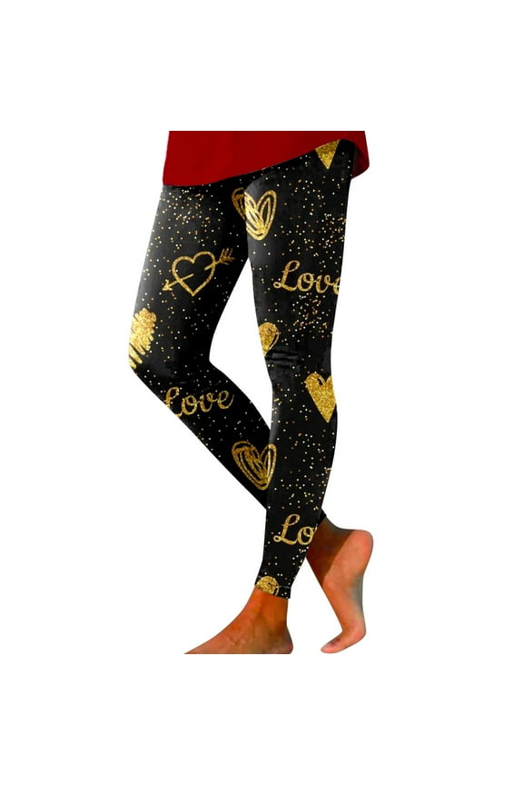 Valentines Day Leggings for Women Heart High Waisted Stretch Cute Yoga Pants Workout Gym Running Gold XXL