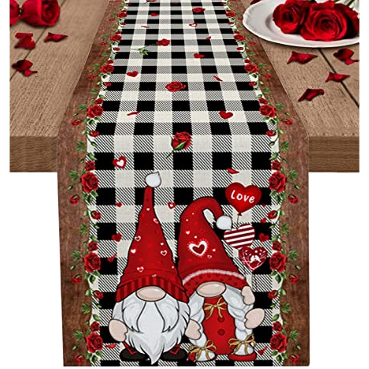 Valentines Day Linen Table Runner Wedding ration Gnome Couple Buffalo ...