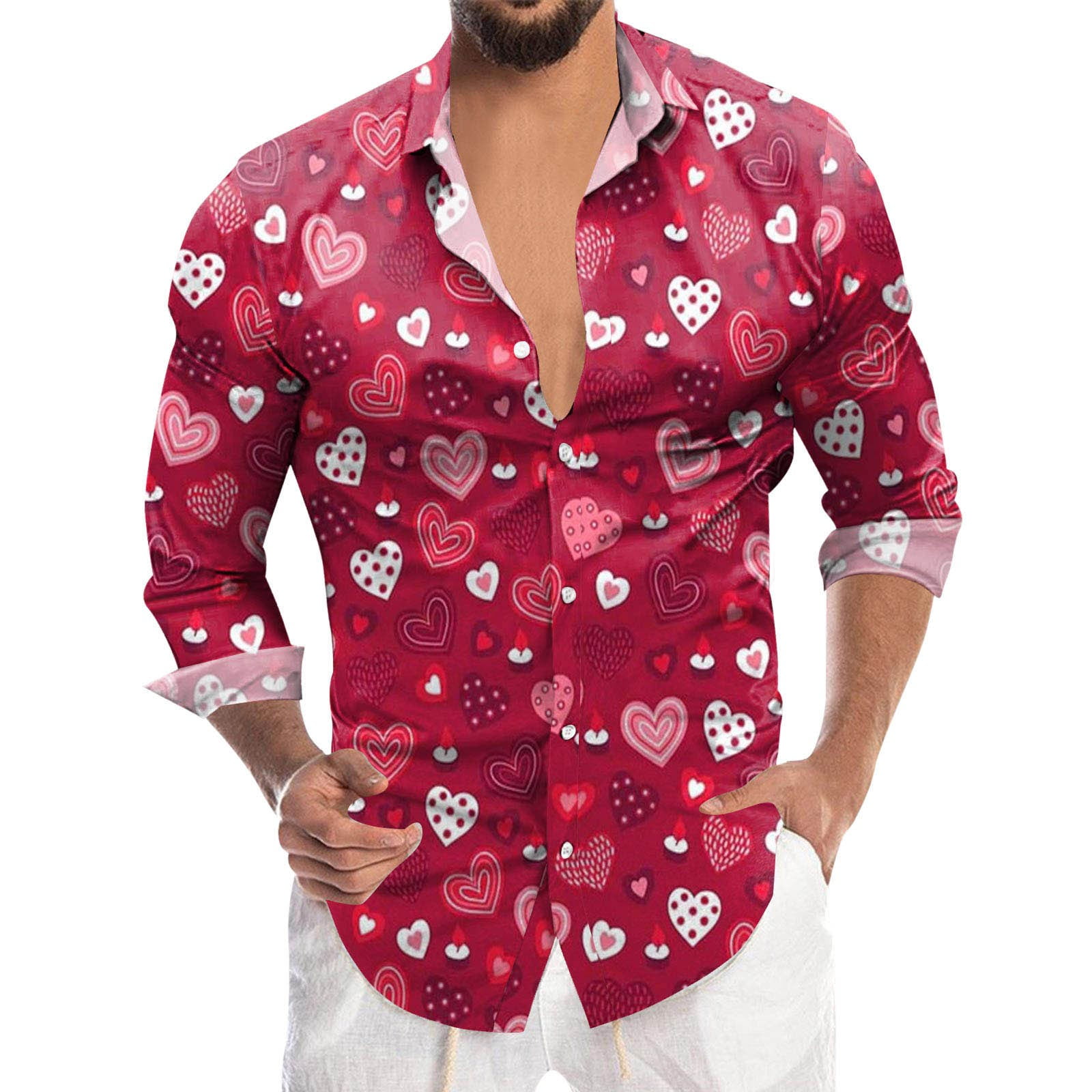 Valentines Day Long Sleeve Shirts for Men Cute Heart Graphic 3D