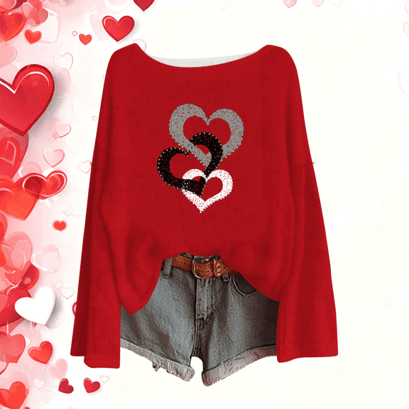 Valentines Day Long Sleeve Shirts for Women Crewneck Love Heart Letter Print Graphic Knit Pullover Tops Fashion Tunic Tops