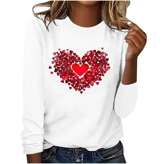 Valentines Day Long Sleeve Shirts for Womens Cute Heart Print Basic Tee Classic Crewneck Blouse Top