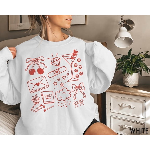 Valentines Day Love Collage Doodle Graphic Trendy Heart Aesthetic Cozy Romantic Style Valentine Gift Unisex SWEATSHIRT All Size S-5XL