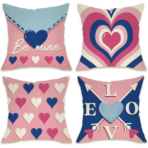 Valentines Day Love Decorative Throw Pillow Covers 16 x 16 Set of 4, Pink Blue Hearts Letter Arrow Be Mine Porch Outdoor Pillowcase, Anniversary Wedding Sofa Couch Cushion Case Home Decor