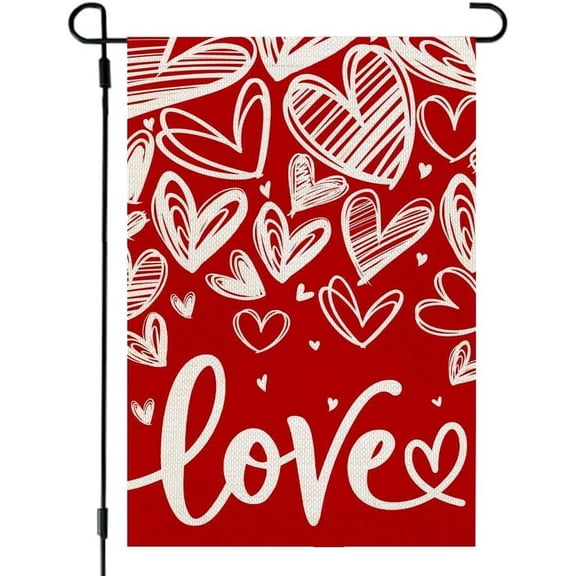 Valentines Day Love Garden Flag 12x18 Inch Double Sided for Outside Red Hearts Small Burlap Holiday Yard Flag