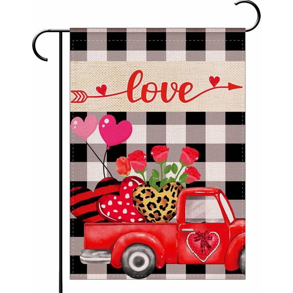 Valentines Day Love Garden Flag,Love Heart Truck Rose Valentine's Day Yard Flag Black White Buffalo Plaid Double Sided Anniversary Wedding Farmhouse Outdoor Decor