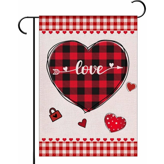 Valentines Day Love Heart Garden Flag,Valentine's Day Love Red Buffalo Plaid Yard Flag Double Sided Anniversary Wedding Farmhouse Outdoor Decor