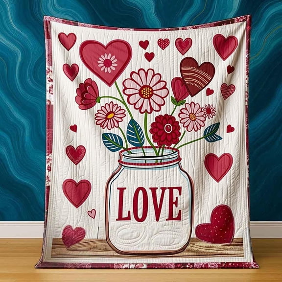 Valentines Day Love Heart Quilt Blanket | Red Pink Floral Jar Pattern Soft Warm Bedspread for Bedroom Decor Romantic Gift Throw Blanket for Couples, Polyester, Machine Washable, All Seasons