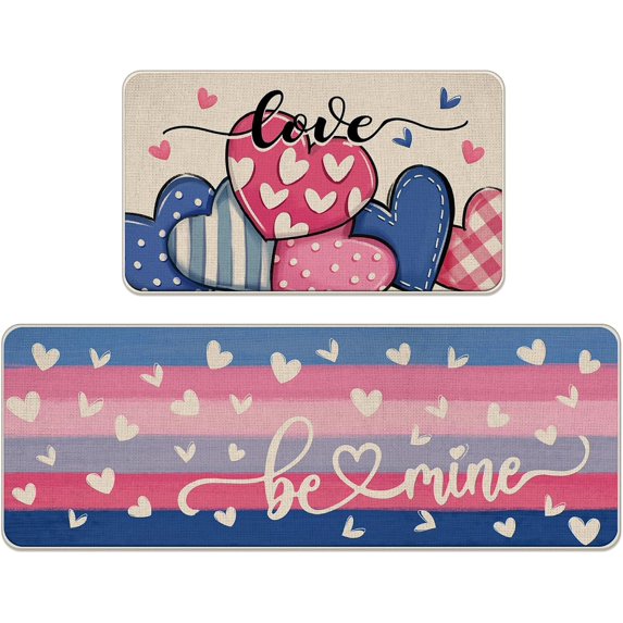 Valentines Day Love Kitchen Rugs Set of 2, Pink Blue Heart Stripes Be Mine Kitchen Mats Decor, Anniversary Wedding Floor Door Mat Home Decorations - 17x30 and 17x47 Inch