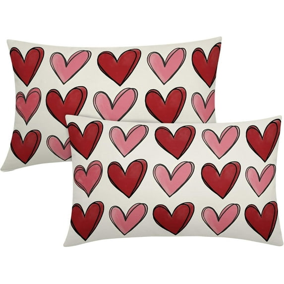 Valentines Day Lumbar Pillow Covers 12X20 In Red Pink Heart Valentine''s Day Decorative Pillow Cases Anniversary Wedding Cotton Linen Throw Pillows Set of 2 Holiday Home Decor For Sofa Couch Outdoor