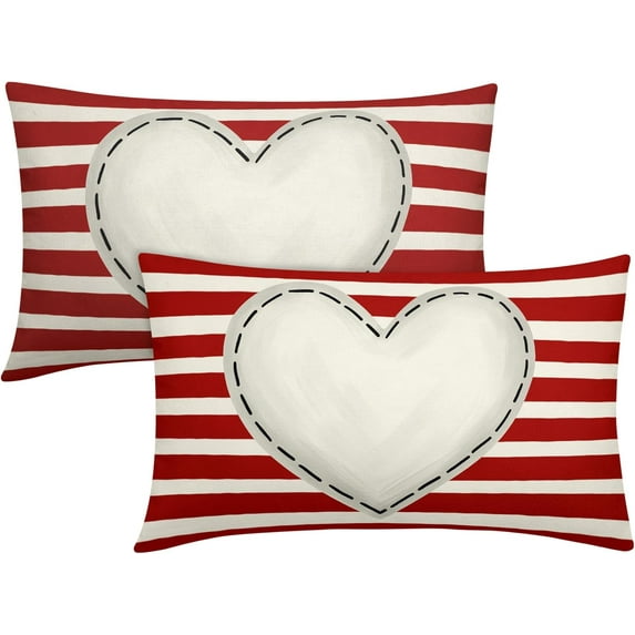 Valentines Day Lumbar Pillow Covers 12X20 Inch Red White Stripes White Heart Decorative Rectangular Pillow Cases Valentine''s Day Linen Throw Pillows Set of 2 Home Decor For Sofa Couch Outdoor