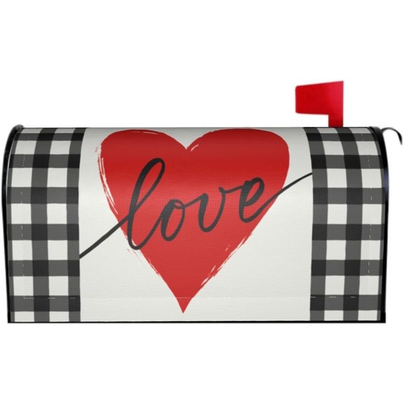 Valentines Day Mailbox Cover Magnetic Love Black White Check Plaid Mailbox Wraps Post Letter Box Cover for Garden Yard Home Decor Standard Size 21" x 18"