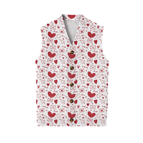 Valentines Day Men's Sweater Vest Heart Pattern V-Neck Button Sleeveless Cardigan Vest Sweater