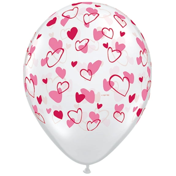 Valentines Day Modern Hearts Printed 11" Latex Balloons, Clear Pink Red, 50 CT