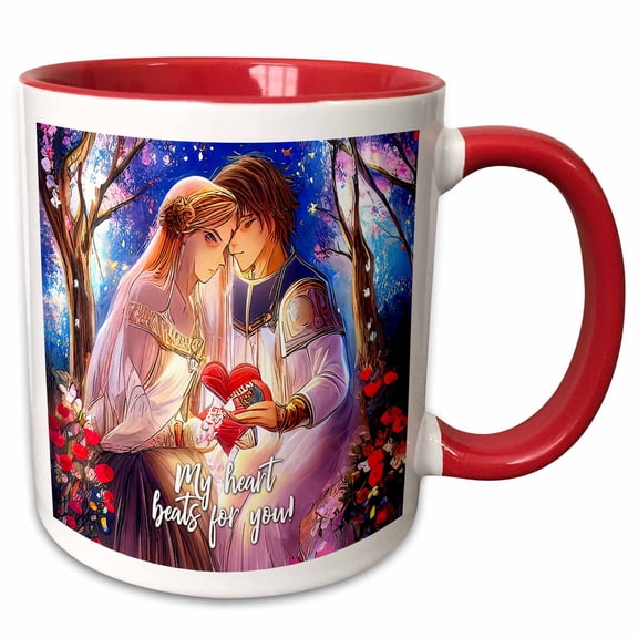 3drose, Valentines Day. My Heart Beats for You. Two Elves in the Forest Gift, 15oz Two-tone Red Mug