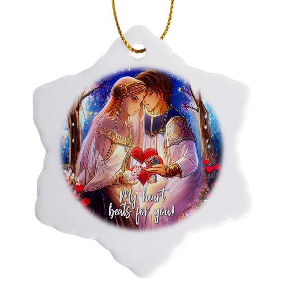 3drose, Valentines Day. My Heart Beats for You. Two Elves in the Forest Gift, 3 inch Snowflake Porcelain Ornament