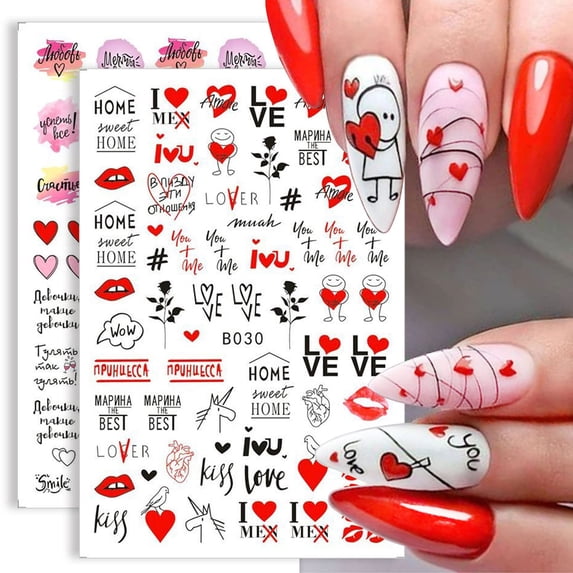 Valentines Day Nail Art Stickers Decals Valentines Day Nail Decorations Heart Love Self-Adhesive Slider Letters Nail Art Decorations Valentine's Day Decals Accessories 6 Sheets(Valentine's Day)