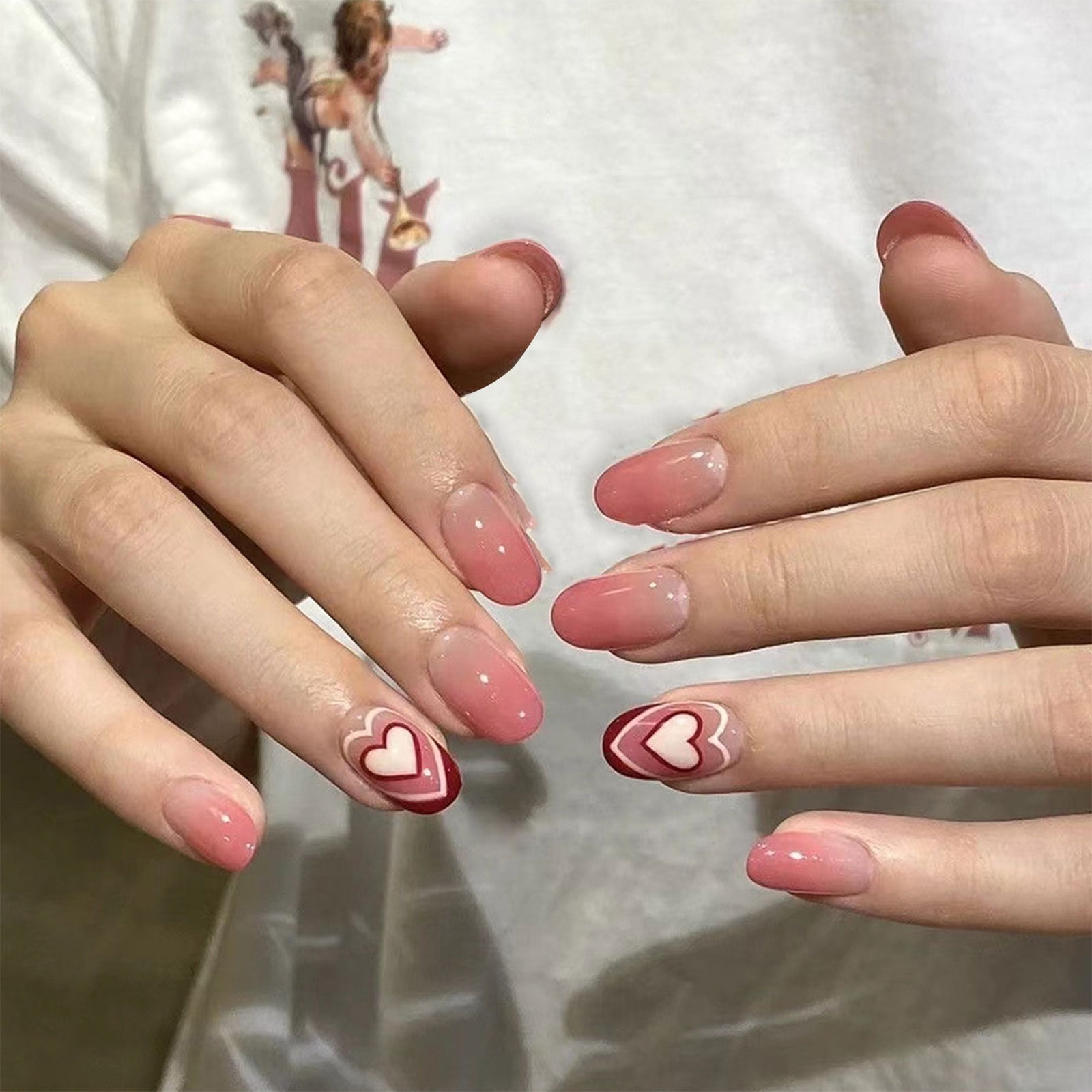 Valentines Day Nail Short Oval Press On Nail Heart Designs Glossy