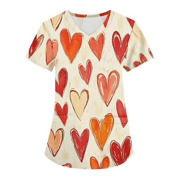 Valentines Day Nurse Uniforms for Women 2024 Love Heart Printed V Neck Breathable T-Shirts Short Sleeve Professionals Soft Stretch Scrub Tops with Pockets 3X-Large