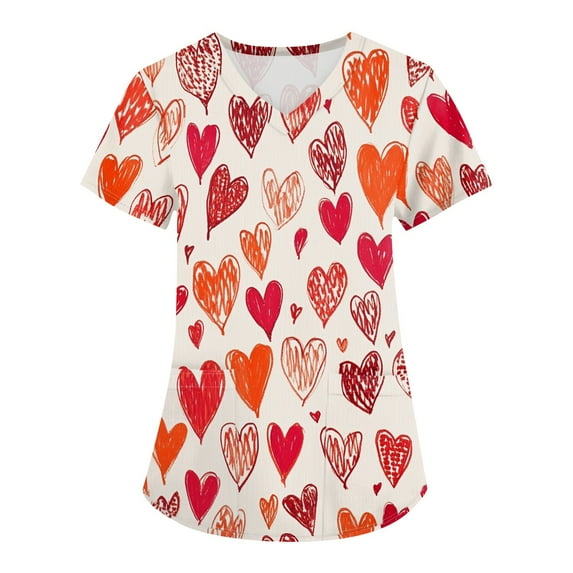 Valentines Day Nurse Uniforms for Women Summer Love Heart Printed V Neck Breathable Workwear Shirt Short Sleeve Professionals Soft Stretch T-Shirts with Pockets 5X-Large