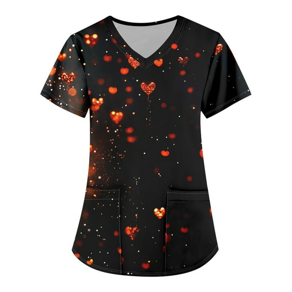 Valentines Day Nursing Uniforms Shirts Women Love Heart Printed V-Neck Breathable Workwear Shirt Short Sleeve Professionals Soft Stretch T-Shirts with Pockets black XX-Large