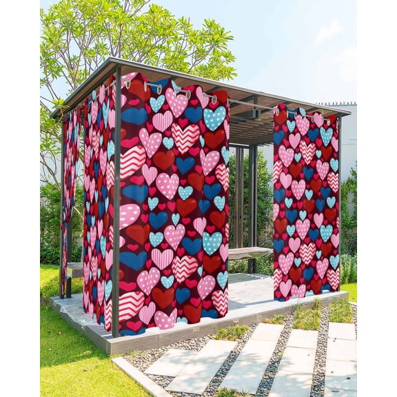 Valentines Day Outdoor Curtains for Patio, Pink Blue Red Dots Striped Love Heart Privacy Drapes Grommet Waterproof Outside Curtains for Porch/Cabana/Balcony 54"x 95", 1 Panel
