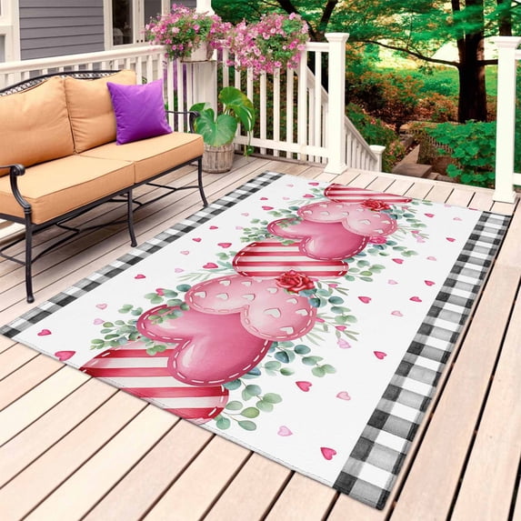 Valentines Day Outdoor Rug 5x8 Ft, Non Slip Washable Area Rug, Modern Love Heart Eucalyptus Leaf Black Plaid Patio Rugs Carpet Runner, Large Floor Mat for Indoor/Outdoor Deck Porch Camping