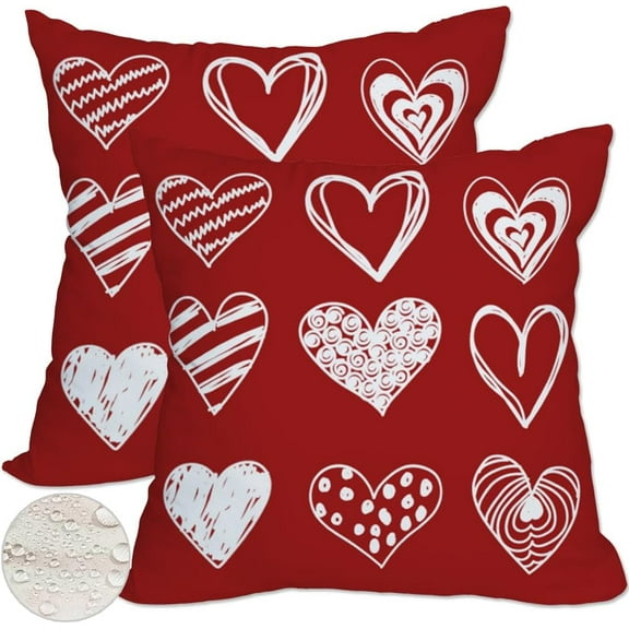 Valentines Day Outdoor Waterproof Pillow Covers 16x16 Inch Set of 2 Red White Love Heart Combination Throw Pillow Covers Valentines Day Decor Pillow Cases for Patio Garden