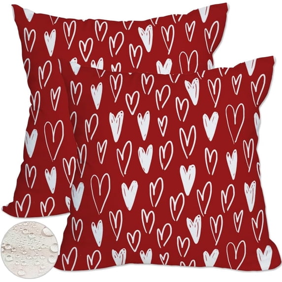 Valentines Day Outdoor Waterproof Pillow Covers 20x20 Inch Set of 2 Red White Love Heart Throw Pillow Covers Anniversary Wedding Valentines Day Decor Pillow Cases for Patio Garden