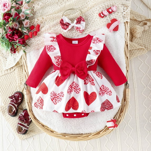 Valentines Day Outfit Baby Girl Lover Heart Letter Embroider Long Sleeve Romper Top Skirt 2pc Set Baby Girl Clothes for 0-6 Months