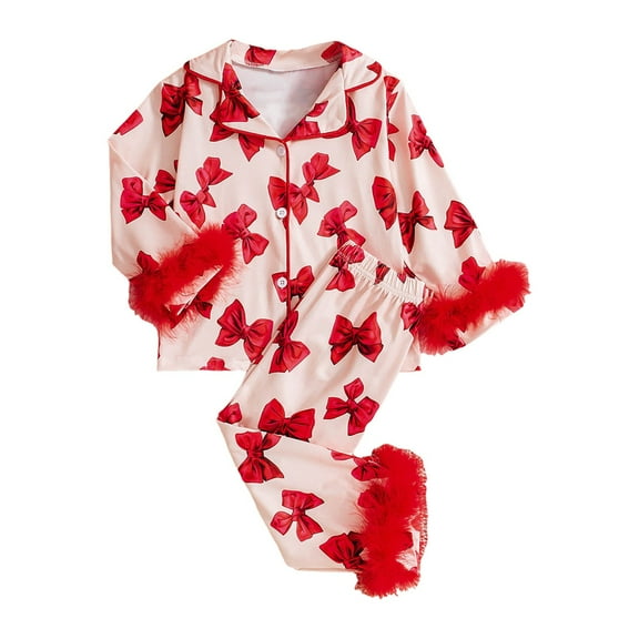 Valentines Day Outfit Toddler Baby Girl Valentines Day Pajamas Heart&Bow Print Button Down Shirt   Pants Little Kids Girls Silk Pajama Set